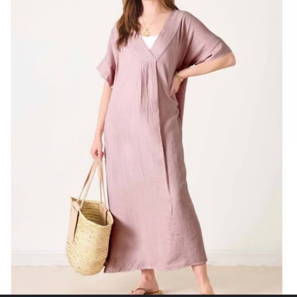Mersea Provence Linen Kaftan Dress Rose Pink One Size Coastal
